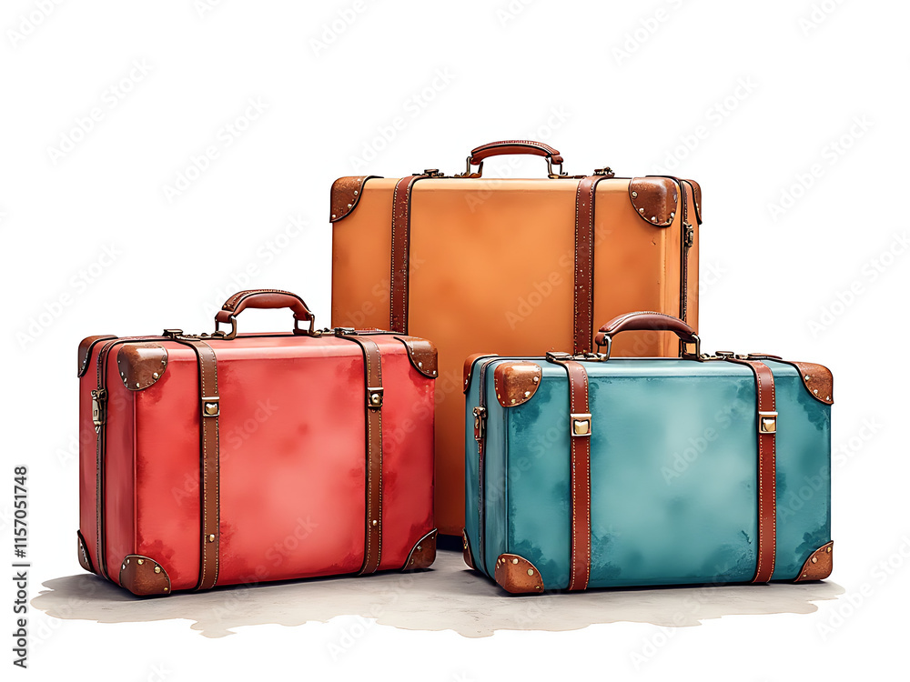 Poster retro vintage three suitcases painted in watercolors with isolated white background on a transparent