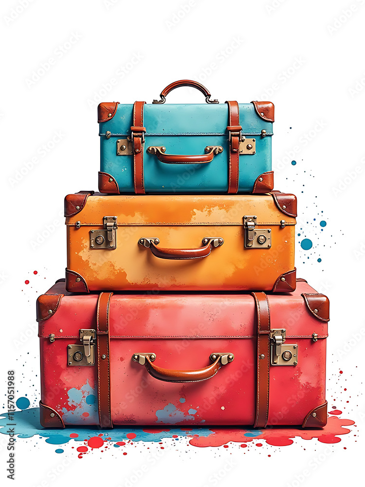 Poster retro vintage three suitcases depicted in a colorful watercolor splatter painting style with an isol