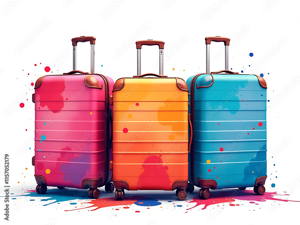 Poster Retro Three Suitcases Splattered With Watercolors In A Vibrant And Isolated Design Generated By Artificial Intelligence On A White Background. 00002