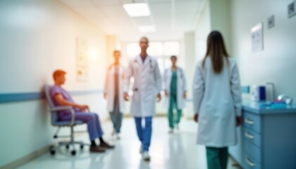 Blurred hospital corridor shows people moving. Doctors, patients in hospital. Interior medicals scene. Busy medical staff. Modern hospital interior. Sunny hallway. Medical professionals hurry along