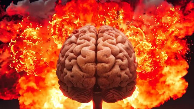 Image of detailed human brain against vibrant flames, symbolizing power, creativity, and explosive ideas. ideal for neuroscience, inspiration, and educational use.