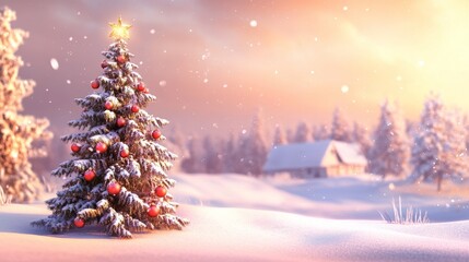 Obraz premium Snowy winter scene with a decorated Christmas tree.