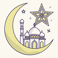Simple Line Art Illustration of a Mosque Under a Crescent Moon