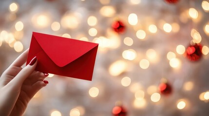 Hand Holding Red Envelope with Blurred Christmas Lights in Background