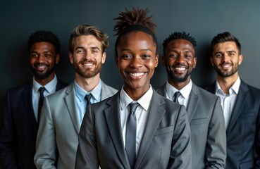 Diverse business team in suits stands together. African American men, women in office attire look happy, confident. Professionals in corporate setting. Photo shows strong team spirit in modern