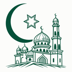 Obraz premium Simple Line Art Illustration of a Mosque Under a Crescent Moon