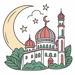 Fototapeta premium Simple Line Art Illustration of a Mosque Under a Crescent Moon