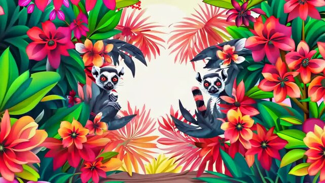 Vibrant of two playful lemurs amidst lush tropical foliage and colorful flowers. perfect for nature projects, wildlife campaigns, or as bright decor in digital and print media.