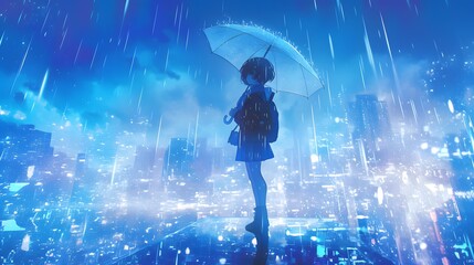 Captivating anime character standing in the rain, surrounded by elements that evoke emotions of solitude