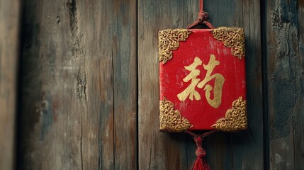 Traditional Asian Decorative Sign with Golden Symbols on Wood