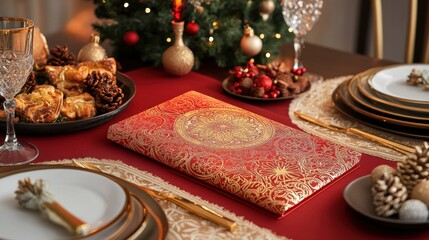 Fototapeta premium Elegant Christmas Table Setting with Gifts and Festive Decorations