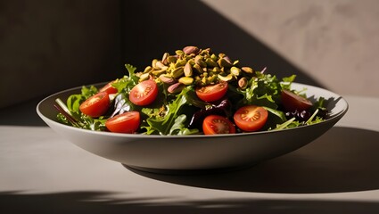 Fresh salad bowl with vibrant greens and pistachio garnish
