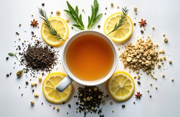 Creative arrangement of various types of tea with lemon slices, herbs. Different tea blends shown on white background. Flat lay style with hot beverage. Healthy refreshment. Morning drink concept.