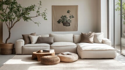 Modern minimalist neutral living room with beige sofa and indoor tree
