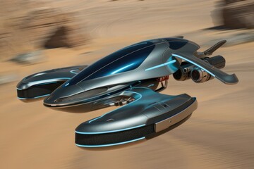 Obraz premium Futuristic vehicle speeding across a desert landscape, showcasing sleek design and advanced technology.