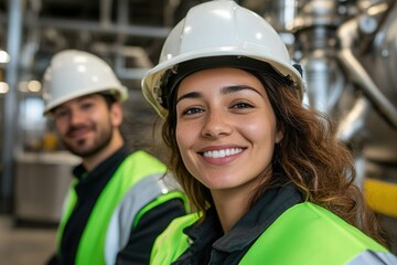 Smiling workers in safety gear at an industrial facility during a collaborative project