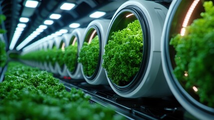 This image showcases a high-tech hydroponic system with vibrant green lettuce thriving in a modern, well-lit growing environment within a sleek structure.