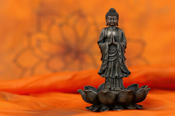 Fototapeta premium Greeting card with ancient statue great Buddha on bright holiday composition, abstract vivid composition consists of fictional unreal fantastic vision on background