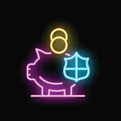 Neon illustration representing a piggy bank protected by a shield, symbolizing financial security and savings protection