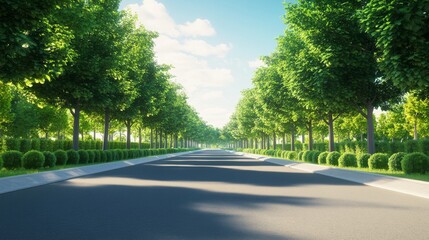 Sunny street lined with lush green trees.