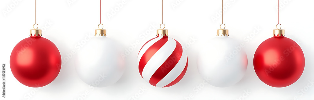 Poster red and white christmas balls hang isolated on a transparent background with a simple white ribbon d