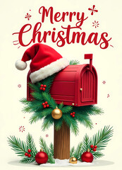 Merry Christmas poster with Christmas mailbox decorated with Christmas wreath and Santa hat