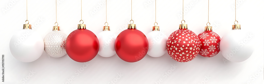 Poster red and white christmas balls hang isolated on a transparent background with a simple white ribbon d