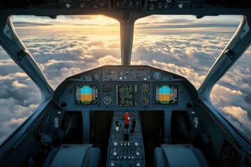 Cockpit view of an airplane soaring above the clouds during sunset