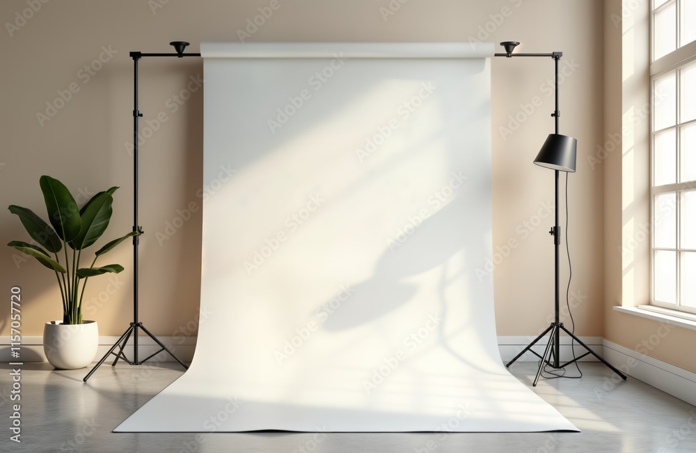 Poster Empty photo studio with white backdrop. Sunlight casts shadows on backdrop, floor. Modern interior design with neutral color palette. Empty space ideal for product photography creative projects.