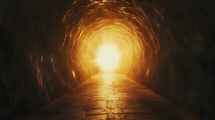 Exploring an enigmatic light at the end of a dark tunnel mythical location cinematic imagery mysterious environment perspective concept