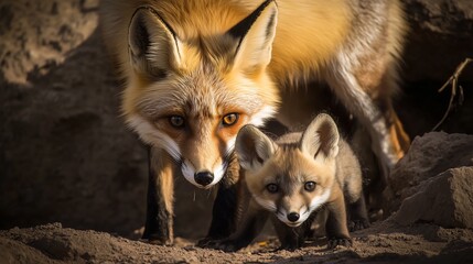 Fototapeta premium Red fox with her adorable baby exploring near a den in soft natural light.