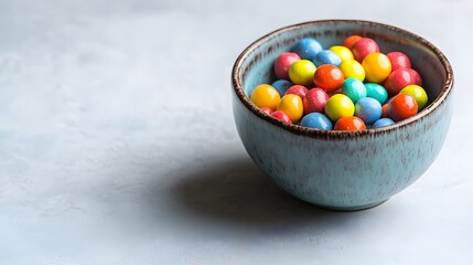 Colorful candy balls in a blue bowl gourmet treats kitchen close-up view sweet indulgence