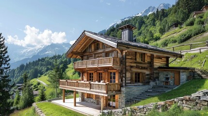 A chalet in the Alps with wooden construction and a steeply pitched roof