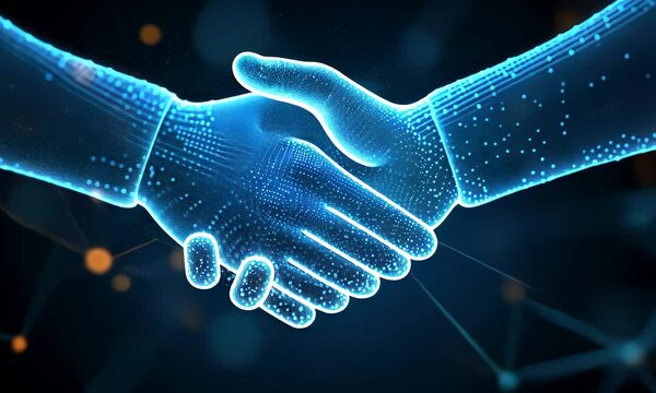 Two glowing digital hands shaking, symbolizing trust and technology