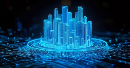 Futuristic city skyline hologram on circuit board.