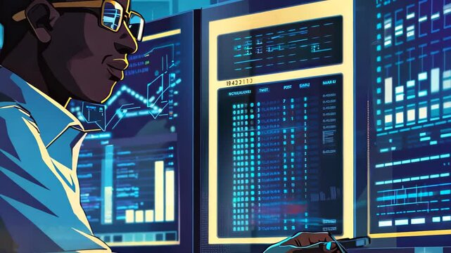 Focused young professional in modern office analyzes daton multiple screens. he wears stylish glasses and crisp shirt, embodying tech-savvy innovation amid vibrant city backdrop.