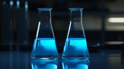 Two flasks with glowing blue liquid in lab.