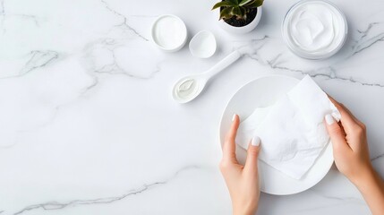 Female hands holding a white tissue placed on top of an empty white plate with a fork and spoon