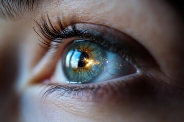 Naklejka premium A captivating close-up image of an eye featuring vivid reflections reminiscent of space, symbolizing human curiosity and the vastness of inner thoughts.