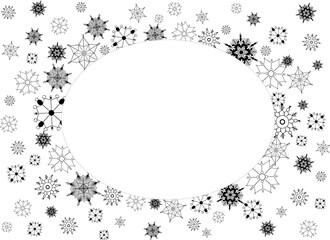 Graphic line snow flakes oval frame on transparent background. Isolated vector Christmas border with falling snow and steam. Snowflake decoration, Xmas magic white snowfall texture, winter snowstorm