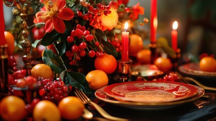 Naklejka premium Elegant Table Setting with Fresh Fruits and Candles for Celebration