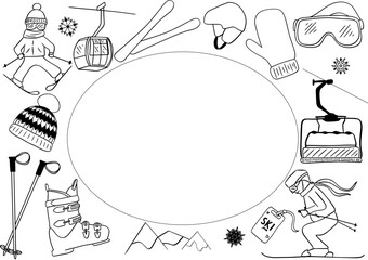 Winter sports background with graphic line ski equipment elements in oval with space for text. Winter activities vector frame card with skiing equipment and other icons in line art design.