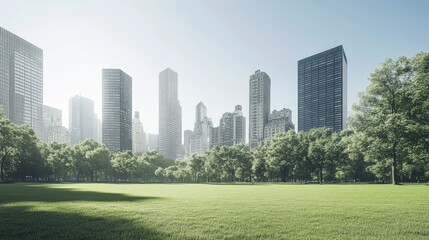 Fototapeta premium Urban landscape with lush greenery and skyscrapers.