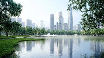 Fototapeta premium Urban park with skyline reflection in water.