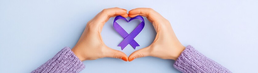 Fototapeta premium World Cancer Day minimalist banner design concept. Hands forming a heart shape with a purple ribbon in the center, symbolizing support and awareness.