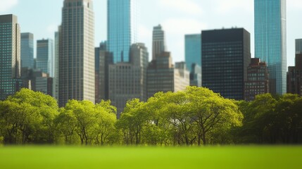 Fototapeta premium Urban skyline behind lush green park.