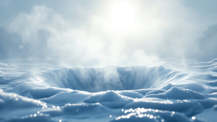 Obraz premium Misty ice hole with sunlight breaking through fog.