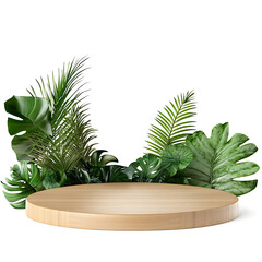 Wood podium in meadow for product presentation and on transparent background.