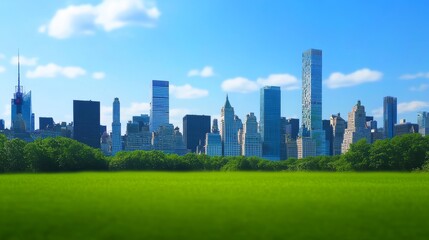 Obraz premium Vibrant city skyline with green landscape foreground.