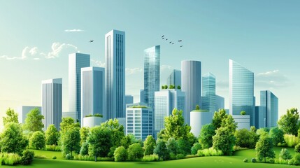Obraz premium Modern City Skyline with Lush Greenery Under a Bright Sky, Showcasing Innovative Architecture and Urban Nature Integration in a Vibrant Environment